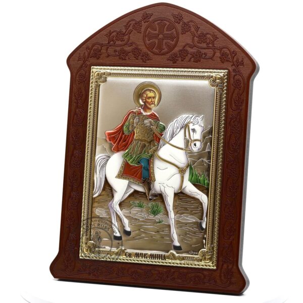 Christian Icon St Mina Wonderworker. Silver Plated .999 Wooden Oklad Riza ( 10" X 7.4" ) 25.5cm X 19cm. B294