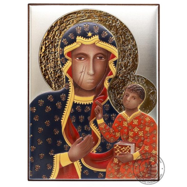 Christian Wood Icon Our Lady of Czestochowa. Silver Plated .999 Oklad Riza ( 7.0" X 5.2" ) 18cm X 13cm. B257 - Image 3