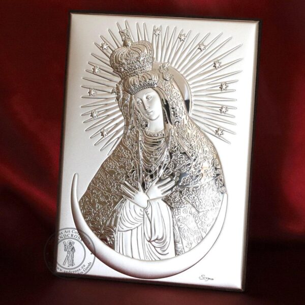 Christian Wood Icon Our Lady of the Gate of Dawn ( Ostrobramskaya ). Silver Plated .999 Oklad Riza ( 7.0" X 5.2" ) 18cm X 13cm. B254 - Image 2