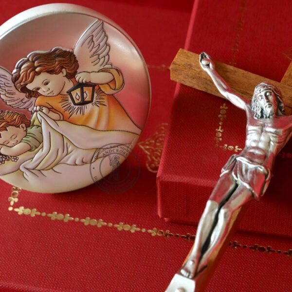 Baby Christian Wood Icon Guardian Angel Praying Over Baby. Silver Plated .999 ( 3.5" X 2.8" ) 9cm X 7cm + Wooden Christian Cross. B286 - Image 4