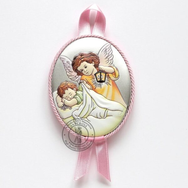 Baby Christian Wood Icon Guardian Angel Praying Over Baby. Silver Plated .999 ( 3.5" X 2.8" ) 9cm X 7cm ( For Girls ). B282