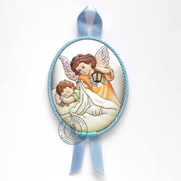 Baby Christian Wood Icon Guardian Angel Praying Over Baby. Silver Plated .999 ( 3.5" X 2.8" ) 9cm X 7cm ( For Boys ). B281