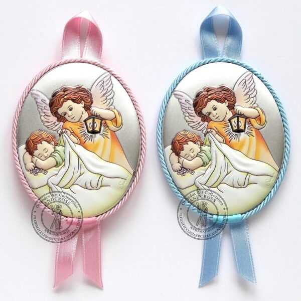 Baby Christian Wood Icon Guardian Angel Praying Over Baby. Silver Plated .999 ( 3.5" X 2.8" ) 9cm X 7cm ( Boy + Girl Set ). B280