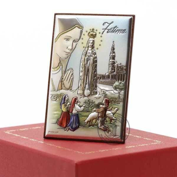 Our Lady Of Fatima Christian Icon. Silver Plated .999 ( 3.5" X 2.3" ) 9cm X 6cm + Rosary + Gift Box Set. B296 - Image 2