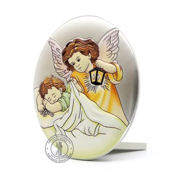 Baby Christian Wood Icon Guardian Angel Praying Over Baby. Silver Plated .999 ( 3.5" X 2.8" ) 9cm X 7cm. B285