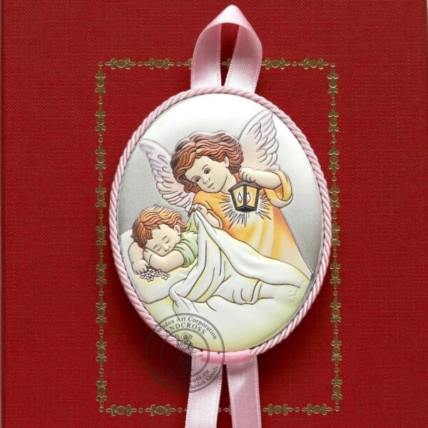 Baby Christian Wood Icon Guardian Angel Praying Over Baby. Silver Plated .999 ( 3.5" X 2.8" ) 9cm X 7cm + Wooden Christian Cross. B279 - Image 2