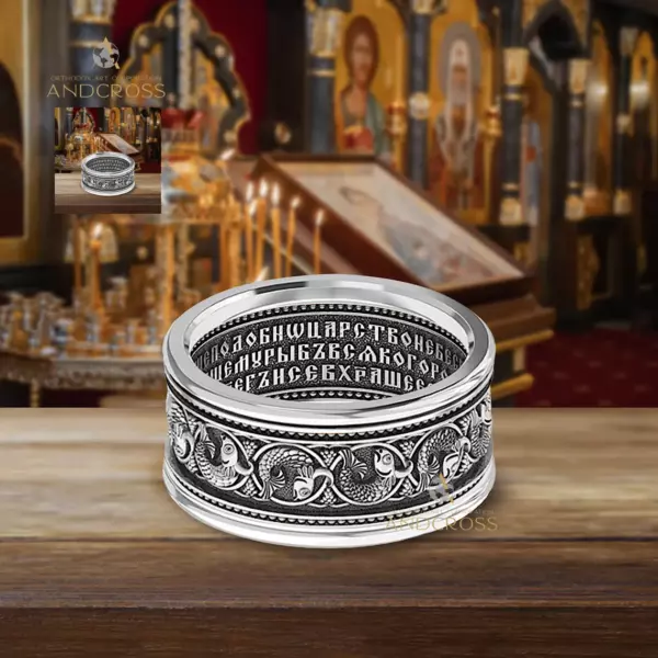 Religious Silver 925 Ring / Lords Prayer Inside / Men Orthodox Christian Wide Band / Saint Fish Ornament / New Authentic Religious Ring - Image 2