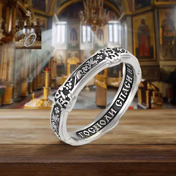 Prayer Save And Protect Orthodox Silver 925 Ring , Russian Language, Russian Orthodox ring, Saint Bird Image