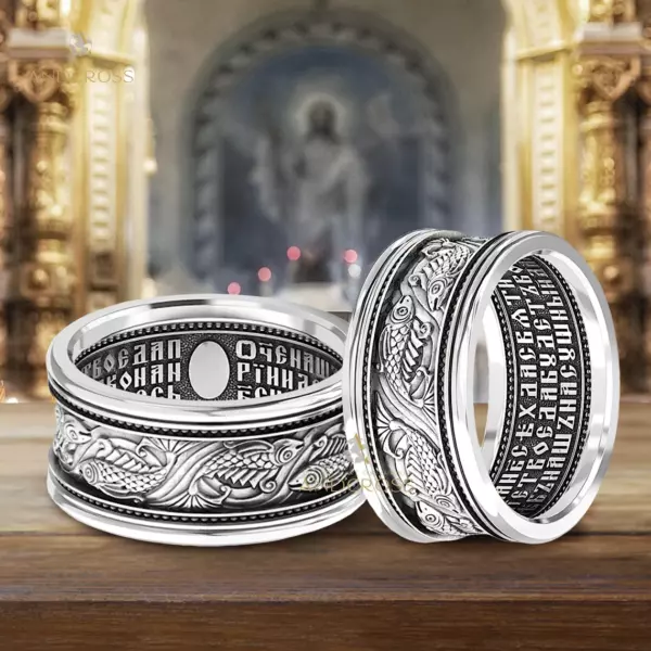 Men Orthodox Christian Wide Band Saint Fish / Solid Modern New Church Ring / Lords Prayer Inside / Silver 92