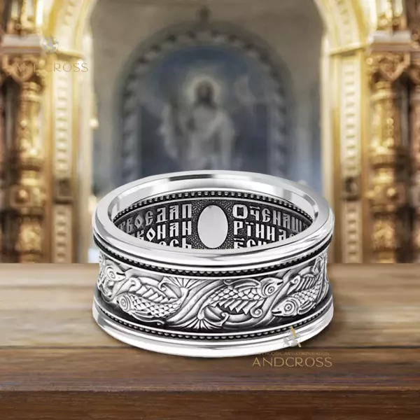 Men Orthodox Christian Wide Band Saint Fish / Solid Modern New Church Ring / Lords Prayer Inside / Silver 92 - Image 2