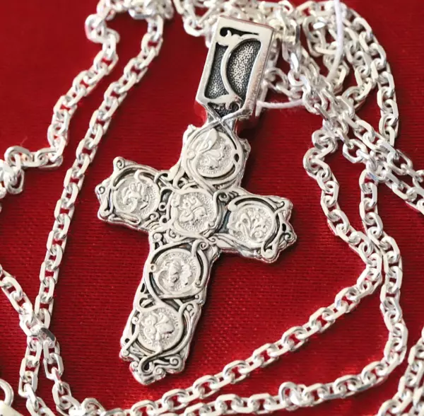 Tree Of Life Christian Baptism Cross Necklace Anchor Chain Set. Russian Orthodox Jewelry. Save And Protect Prayer. Silver 925