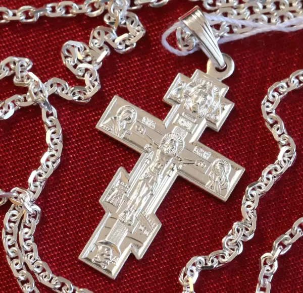 Christian Baptism Cross Necklace Anchor Chain Set. Serbian Orthodox Jewelry. Save And Protect Prayer. Sterling Silver 925