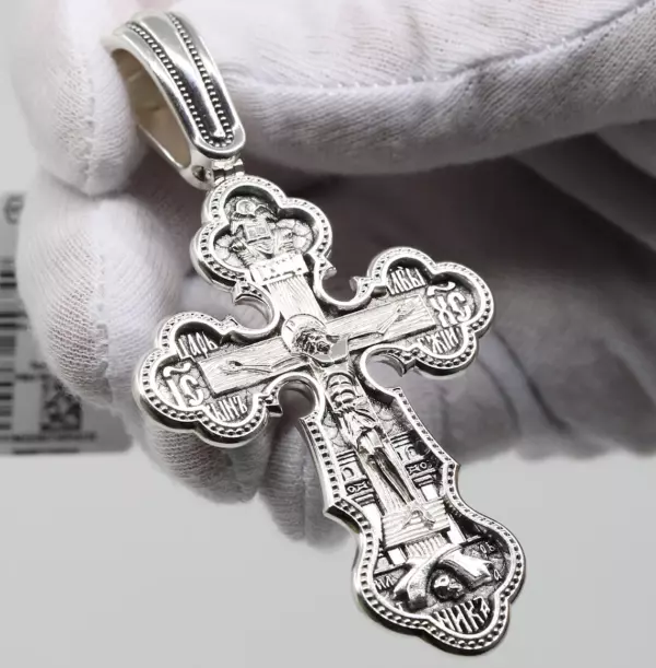 Large Christian Pectoral Crucifix Mother of God Pokrov Sign. Orthodox Prayer Cross. Silver 925 Authentic Jewelry