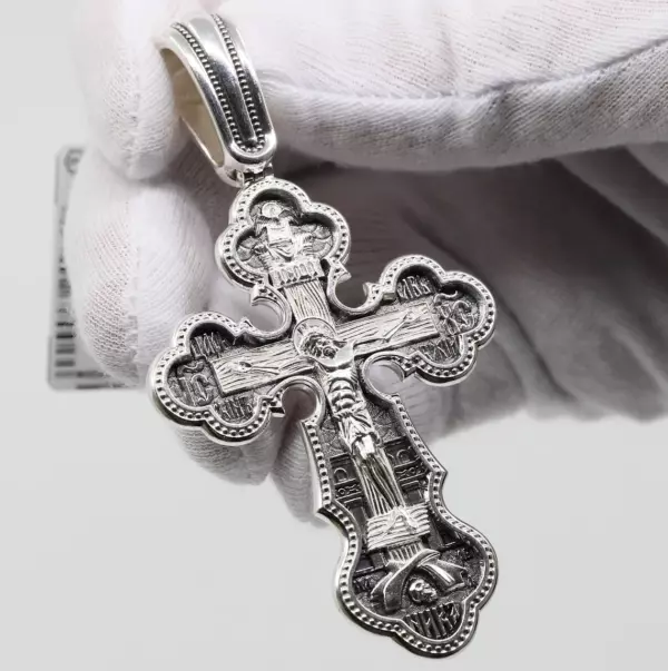 Large Christian Pectoral Crucifix Mother of God Pokrov Sign. Orthodox Prayer Cross. Silver 925 Authentic Jewelry - Image 2