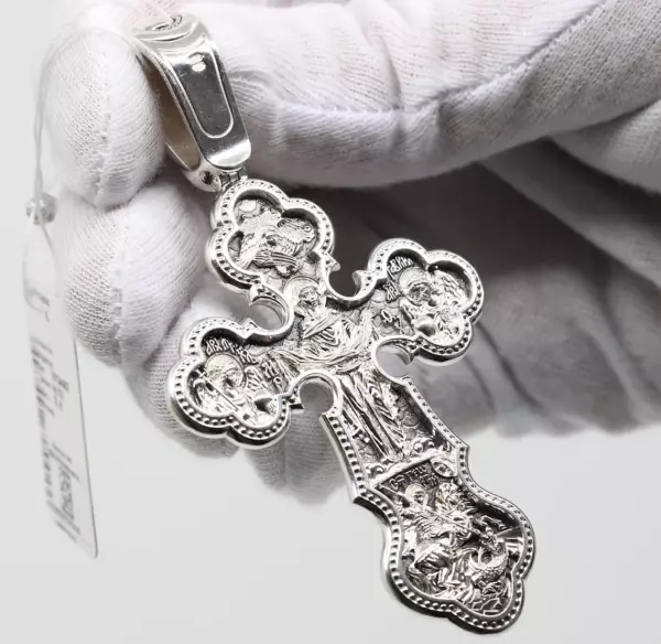 Large Christian Pectoral Crucifix Mother of God Pokrov Sign. Orthodox Prayer Cross. Silver 925 Authentic Jewelry - Image 3