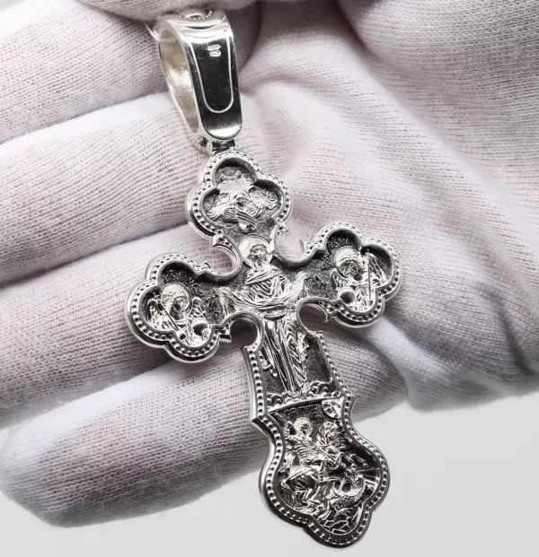 Large Christian Pectoral Crucifix Mother of God Pokrov Sign. Orthodox Prayer Cross. Silver 925 Authentic Jewelry - Image 4