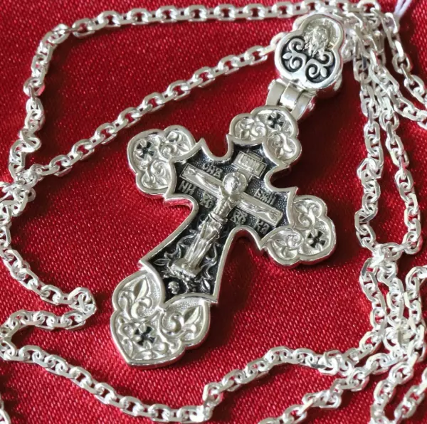 Christian Baptism Guardian Angel Cross Necklace Anchor Chain Set. Russian Greek Orthodox Jewelry. Save And Protect Prayer. Silver 925