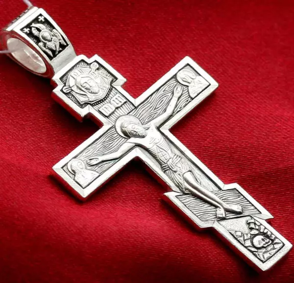 Large Russian Greek Orthodox Crucifix Cross W/ Prayer 925 Sterling Silver Made in Russia