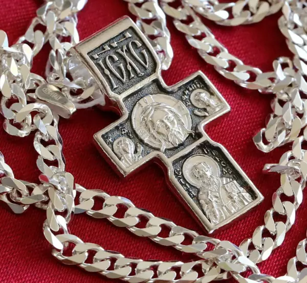 Men Handmade Russian Greek Orthodox Christian Baptism Cross+Chain Set Silver 925 New. St Archangel Michael Patron