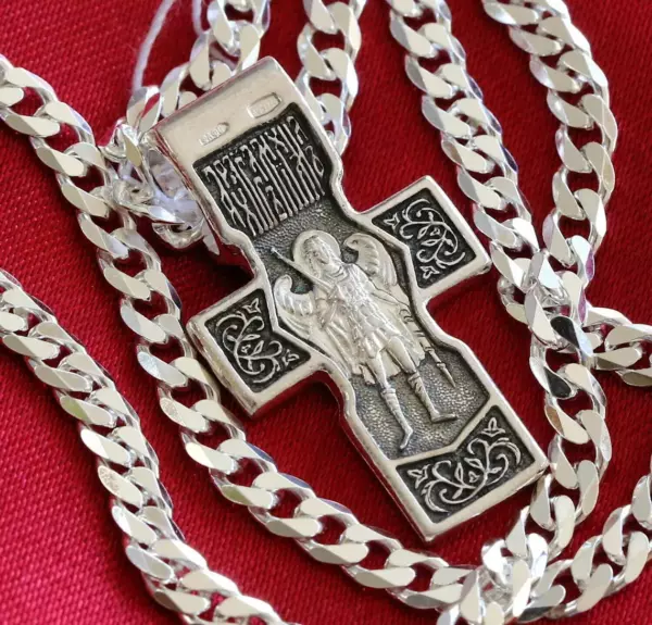 Men Handmade Russian Greek Orthodox Christian Baptism Cross+Chain Set Silver 925 New. St Archangel Michael Patron - Image 2