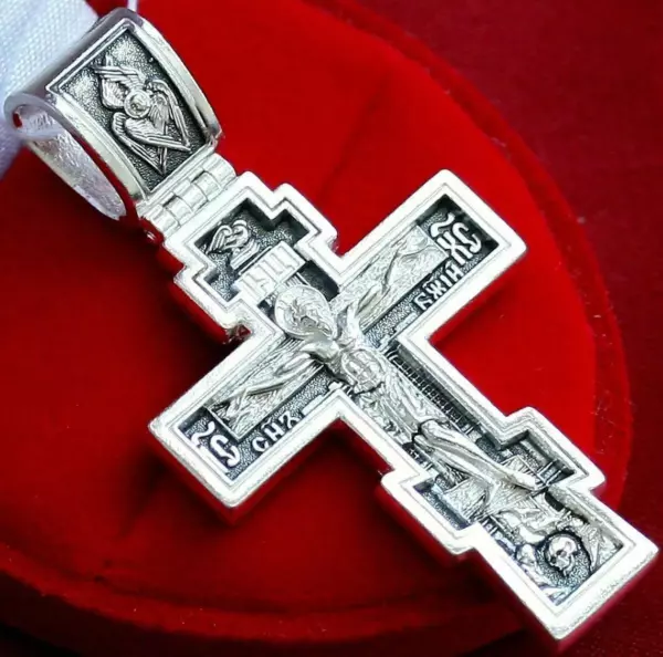 Large Heavy Russian Greek Orthodox Crucifix Cross W/ Prayer 925 Sterling Silver