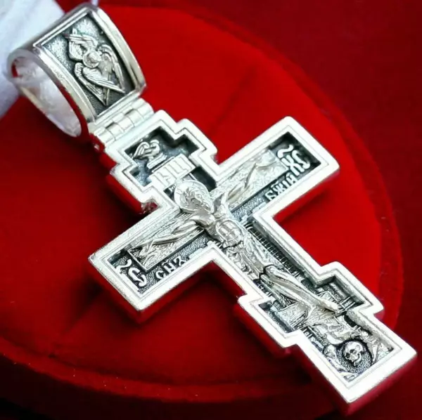 Large Heavy Russian Greek Orthodox Crucifix Cross W/ Prayer 925 Sterling Silver - Image 2