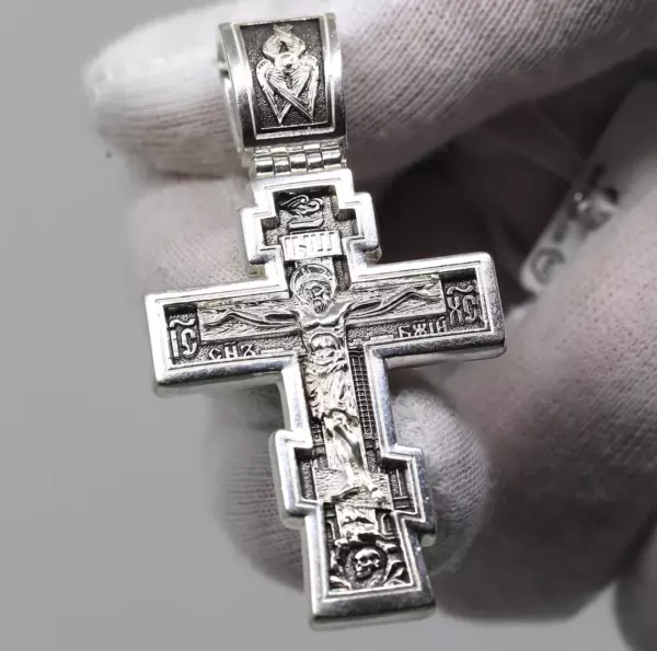 Large Heavy Russian Greek Orthodox Body Crucifix Necklace Cross W/ Prayer 925 Sterling Silver