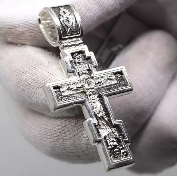 Large Heavy Russian Greek Orthodox Body Crucifix Necklace Cross W/ Prayer 925 Sterling Silver - Image 2