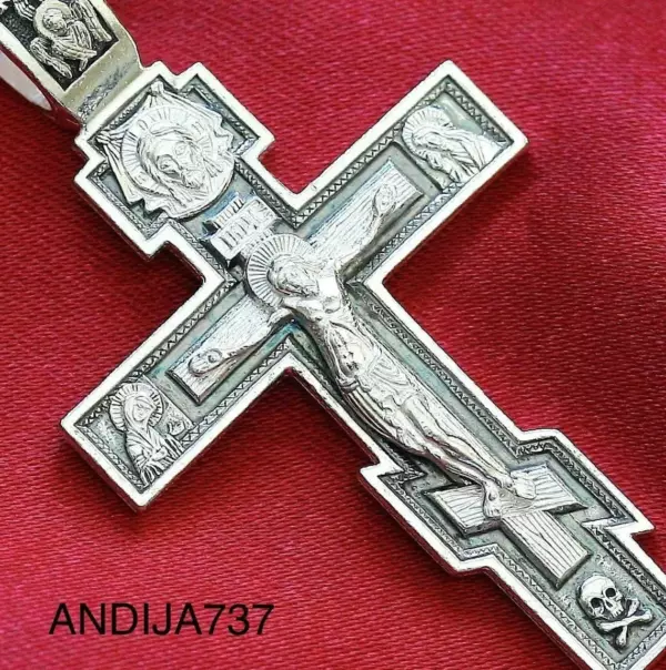 Large Russian Greek Orthodox Crucifix Cross W/ Prayer 925 Sterling Silver Made in Russia