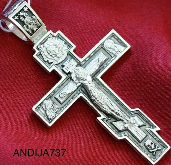 Large Russian Greek Orthodox Crucifix Cross W/ Prayer 925 Sterling Silver Made in Russia - Image 2