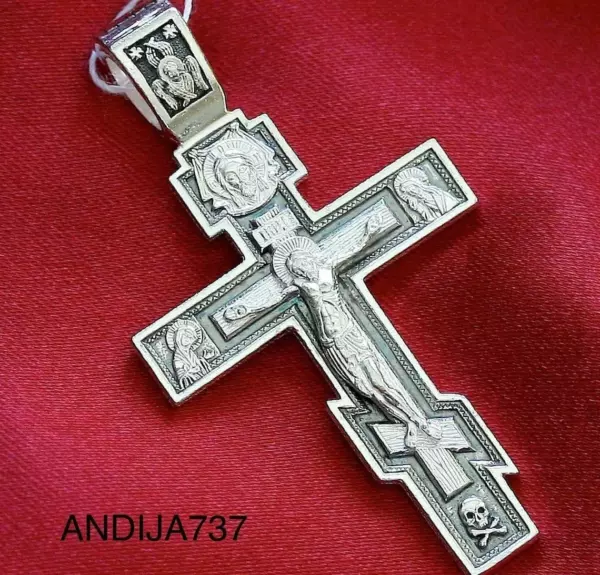 Large Russian Greek Orthodox Crucifix Cross W/ Prayer 925 Sterling Silver Made in Russia - Image 3