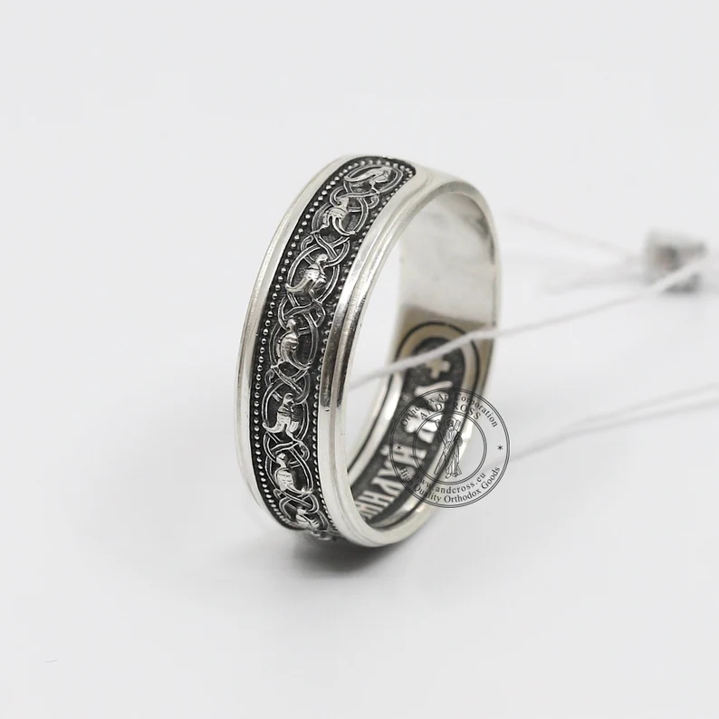 Handcrafted Russian Orthodox Silver 925 Ring – Sacred Bird Symbol – Prayer Inscription – Authentic Christian Jewelry - Image 2