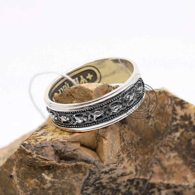 Handcrafted Russian Orthodox Silver 925 Ring – Sacred Bird Symbol – Prayer Inscription – Authentic Christian Jewelry