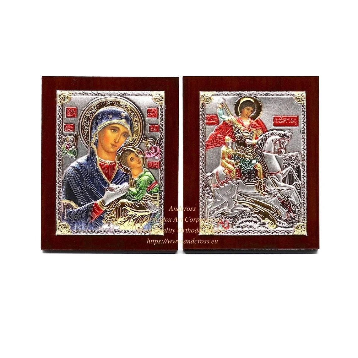 Two small silver-plated icons: the Amolyntos Mother of God and St George