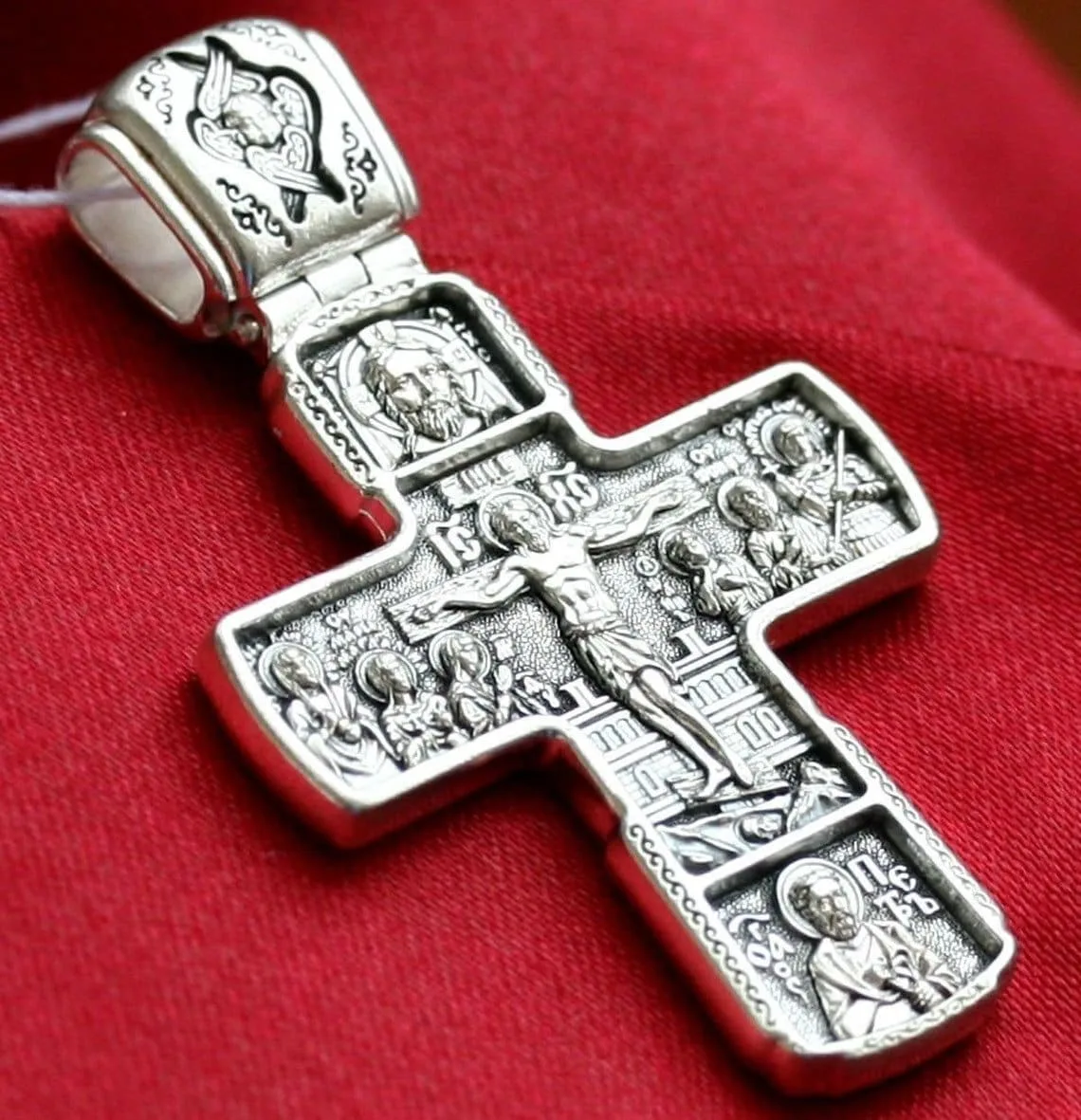 Sterling silver Orthodox cross with Christ and the Apostles, front