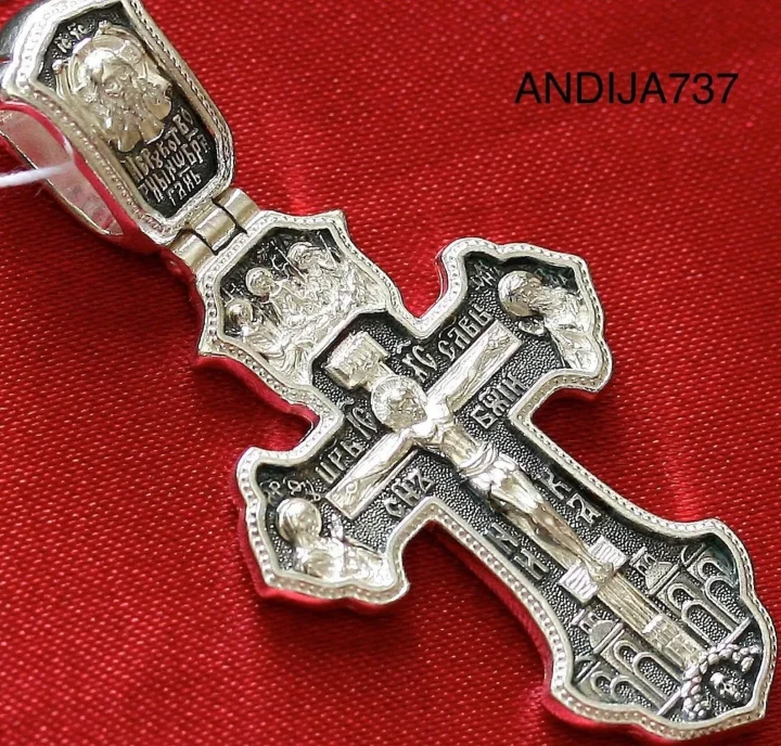 Sterling silver baptism cross with Archangel Michael and the Holy Trinity