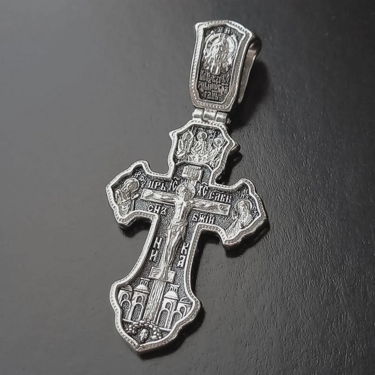Sterling silver Orthodox cross with Archangel Michael and the Holy Trinity