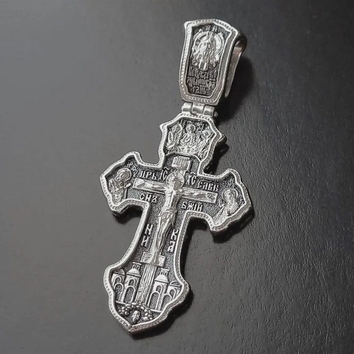Sterling silver Orthodox cross with Archangel Michael and the Holy Trinity