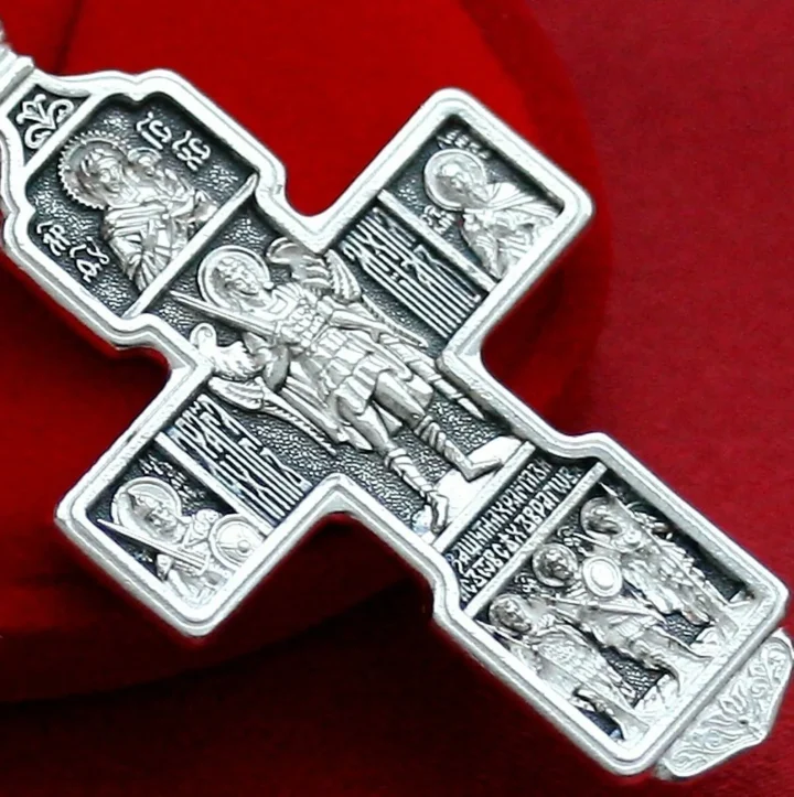 Large sterling silver Orthodox cross with Archangel Michael and saints, back