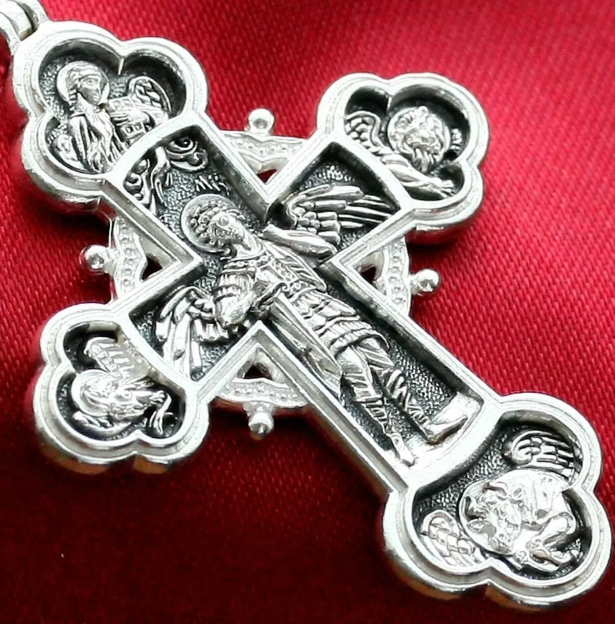 Sterling silver Orthodox cross with an icon of Archangel Michael