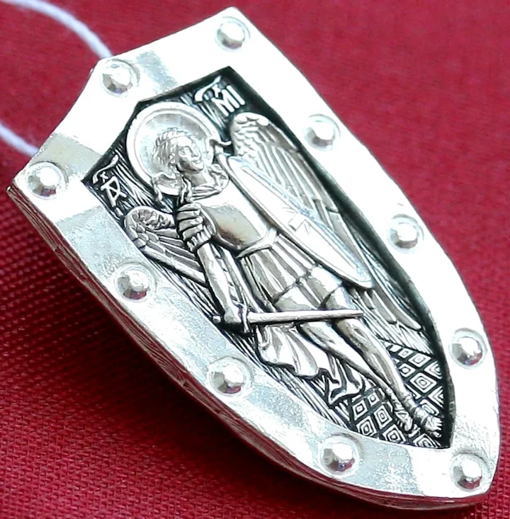 Sterling silver Archangel Michael pendant with a dark and light finish, front