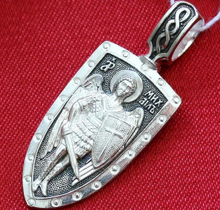 Sterling silver Archangel Michael shield pendant, front