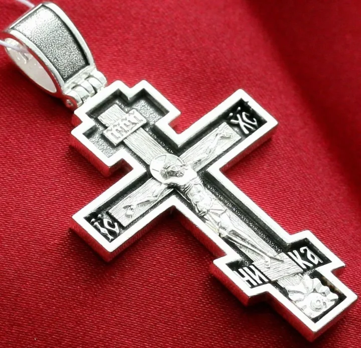 Large sterling silver baptism cross with the Crucifixion