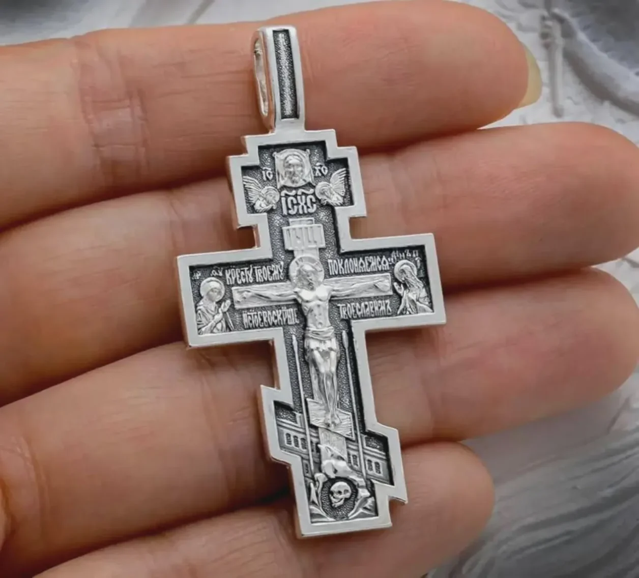 Sterling silver Orthodox baptism cross with the Crucifixion