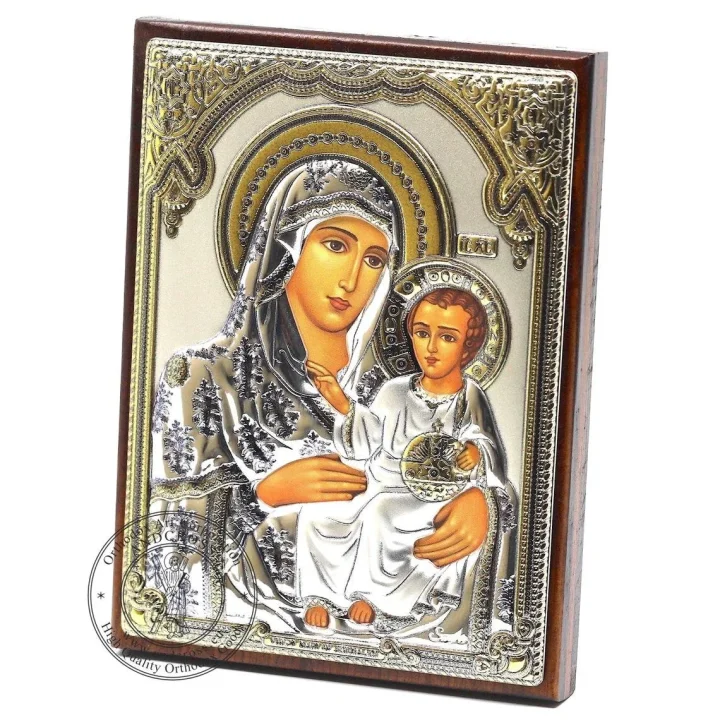 Silver-plated Bethlehem Mother of God icon in a glass frame, 8 x 11 cm