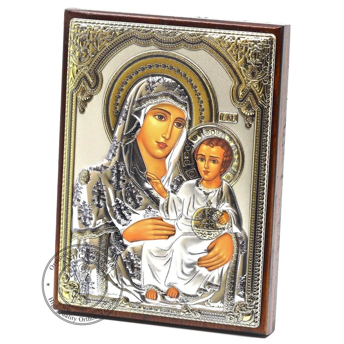 Silver-plated Bethlehem Mother of God icon in a glass frame, 8 x 11 cm