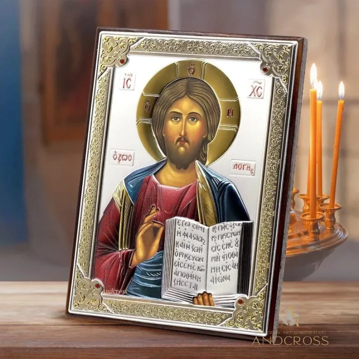 Silver-plated Christ Pantocrator icon, 13 x 18 cm, in a gift box