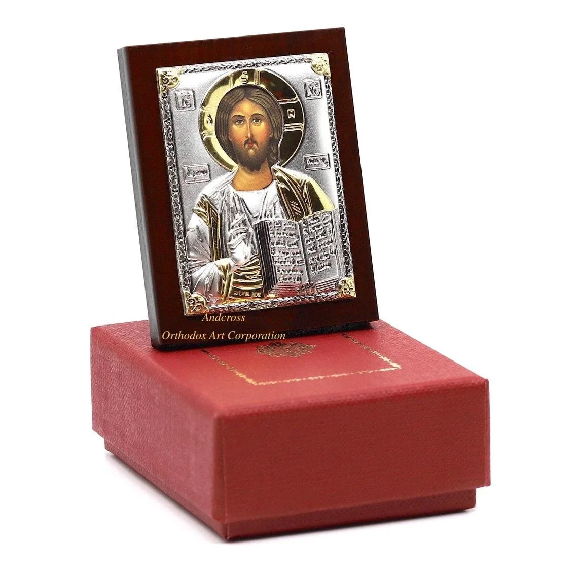 Silver-plated Christ Pantocrator icon, 6.4 x 5 cm, in a gift box