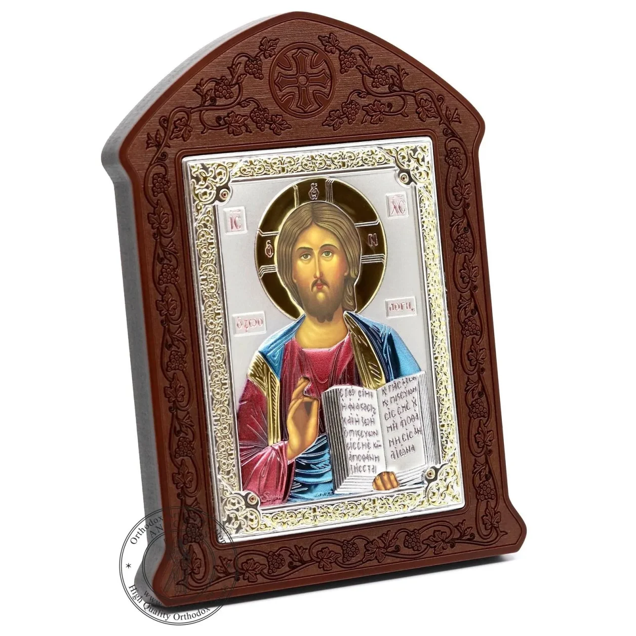 Silver-plated Christ Pantocrator icon in a wooden frame, 12.5 x 16.5 cm
