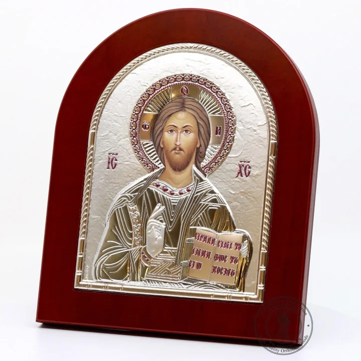 Oval silver-plated Christ Pantocrator icon, 15.5 x 19 cm